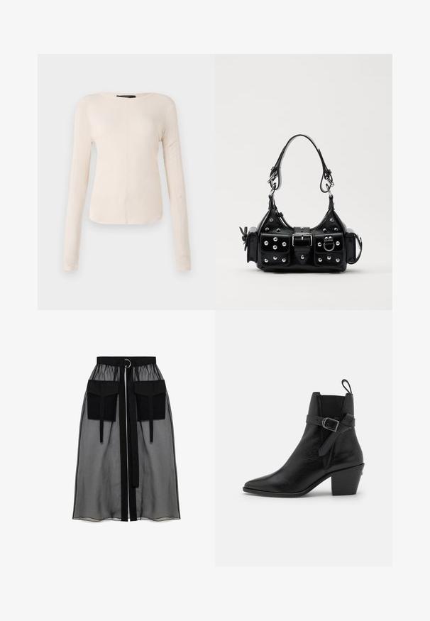 Dolga majica v svetlo bež barvi s okroglim izrezom. Narejena iz mehkega materiala, ima osrednji šiv in rahlo ukrivljen rob. Ni vidnih elementov.; Črna prozorna krila z nabranim pasom, ki ima dva velika sprednja žepa, pas za zavezovanje in okroglo kovinsko dekoracijo.; Črne usnjene gležnjače s koničastim nosom, blok peto in stransko zaponko. Imajo gladko teksturo in zanko na zadnji strani.; Črna usnjena torbica s ukrivljenim dizajnom, ki vsebuje srebrne žebljičke, zaponko in dve stranski žepki. Nastavljiv trak za različne možnosti nošenja.