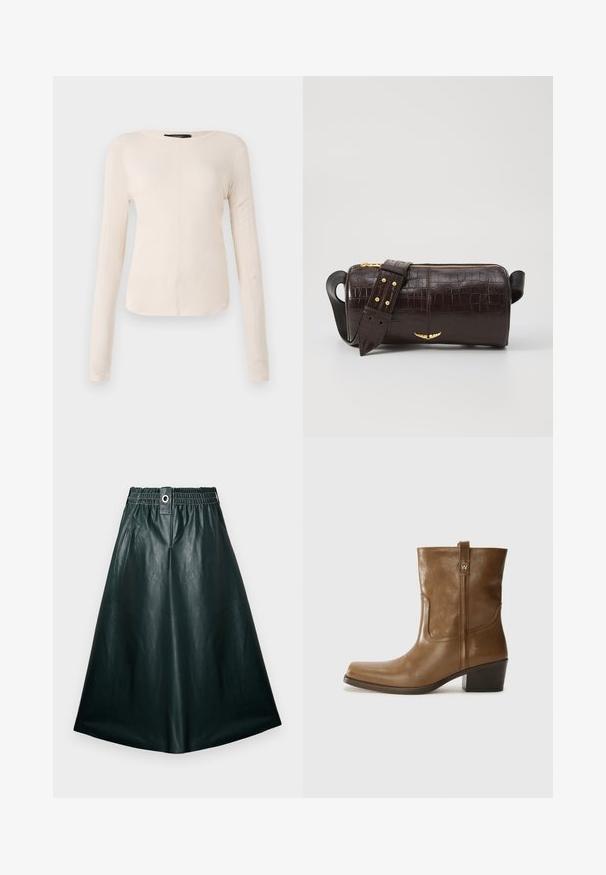 Dlouhý rukáv, světle béžový top s kulatým výstřihem. Vyrobeno z jemné látky, má středový šev a mírně zaoblený lem. Bez viditelné kovové úpravy.; Tmavě zelená kožená midi sukně s elastickým pasem, předními knoflíky a hladkou, lesklou strukturou. A-liniový střih bez kapes.; Hnědé kožené kotníkové boty se čtveratou špičkou, texturovaným povrchem a nízkým zvýšeným podpatkem. Mají zadní poutko na obouvání a jemné prošívání.; Hnědá kabelka z krokodýlí kůže s embosováním, cylindrického tvaru, se zlacenými kovovými prvky a odnímatelným popruhem se hroty.