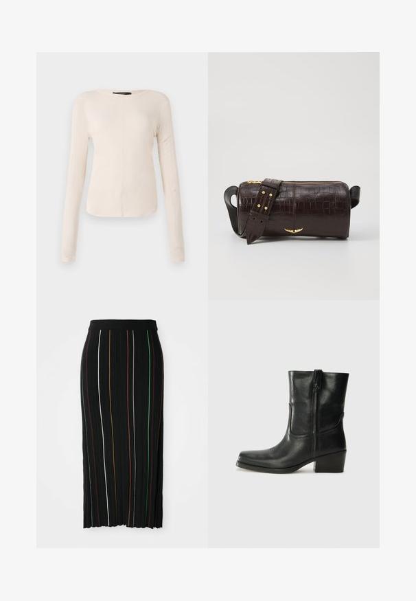 Langærmet, lys beige top med rund halsudskæring. Lavet af blødt stof, har en central søm og let buet kant. Der er ingen synlige metaldele.; Sort plisseret nederdel med lodrette striber i gul, orange, rød, grøn og hvid. Har en tætsiddende talje og en let ujævn kant.; Sort læder ankelstøvle med rundt tå, blokhæl, lynlås i siden og stikninger på vampsiden. Glat tekstur, klassisk design.; Brun krokodilleder taske med cylindrisk form, hardware i guld-tone, og en aftagelig rem med nitter.