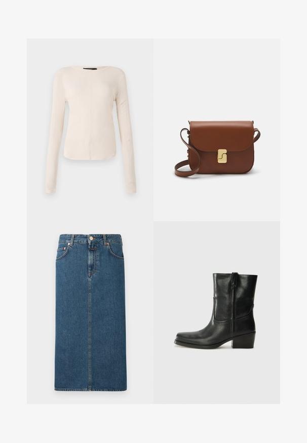 Langsleeve, lichtbeige top met een ronde halslijn. Gemaakt van zachte stof, heeft een centrale naad en een iets gebogen rand. Geen zichtbare hardware.; Donkerblauwe denim midi-jurk met een recht model, voorzakken en koperkleurige hardware. Voorzien van stiksels langs de naden en een knoopsluiting.; Zwarte leren enkellaars met een ronde neus, blokhak, zijrits en stikselaccenten op de wreef. Gladde textuur, klassiek ontwerp.; Bruine leren handtas met een klep sluiting, gouden hardware, een schouderband en een gladde textuur. Compact rechthoekige vorm.
