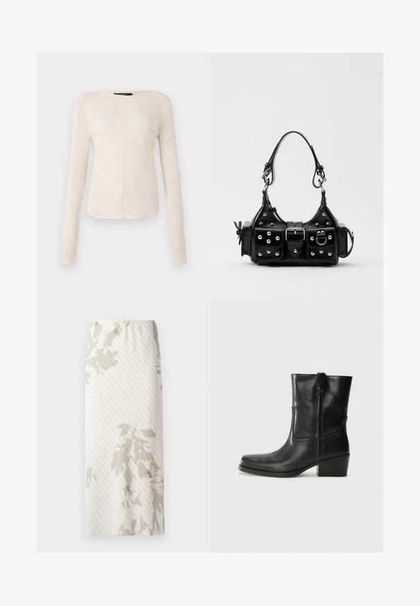 Długi rękaw, jasnobeżowa bluzka z okrągłym dekoltem. Wykonana z miękkiego materiału, posiada centralny szew oraz lekko zaokrąglony dół. Brak widocznych elementów metalowych.; Biała spódnica z wąskim wzorem pasków i jasnoszarymi kwiatowymi wzorami. Elastyczna talia zapewniająca wygodne dopasowanie.; Czarne skórzane botki za kostkę z okrągłym noskiem, słupkowym obcasem, bocznym zamkiem i przeszyciami na cholewce. Gładka tekstura, klasyczny design.; Czarna skórzana torebka w zakrzywionym kształcie, z srebrnymi ćwiekami, klamrą i dwoma bocznymi kieszeniami. Regulowany pasek umożliwiający różne opcje noszenia.