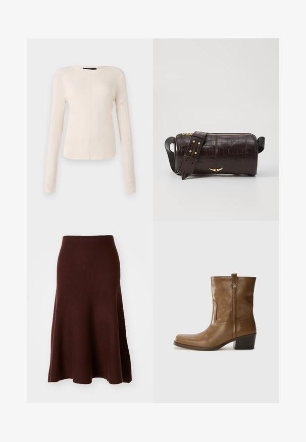 Haut à manches longues, beige clair avec un col rond. Fait dans un tissu doux, il présente une couture centrale et un ourlet légèrement courbé. Pas de métal visible.; Jupe en laine mérinos marron, forme A, texture lisse, longueur genou avec un ourlet évasé, coutures minimales, convient pour un port décontracté.; Bottine en cuir marron avec un orteil carré, une finition texturée et un petit talon empilé. Présente une languette à l'arrière et des détails de couture subtils.; Sac en cuir embossé crocodile marron avec une forme cylindrique, quincaillerie dorée et une bandoulière détachable ornée de clous.