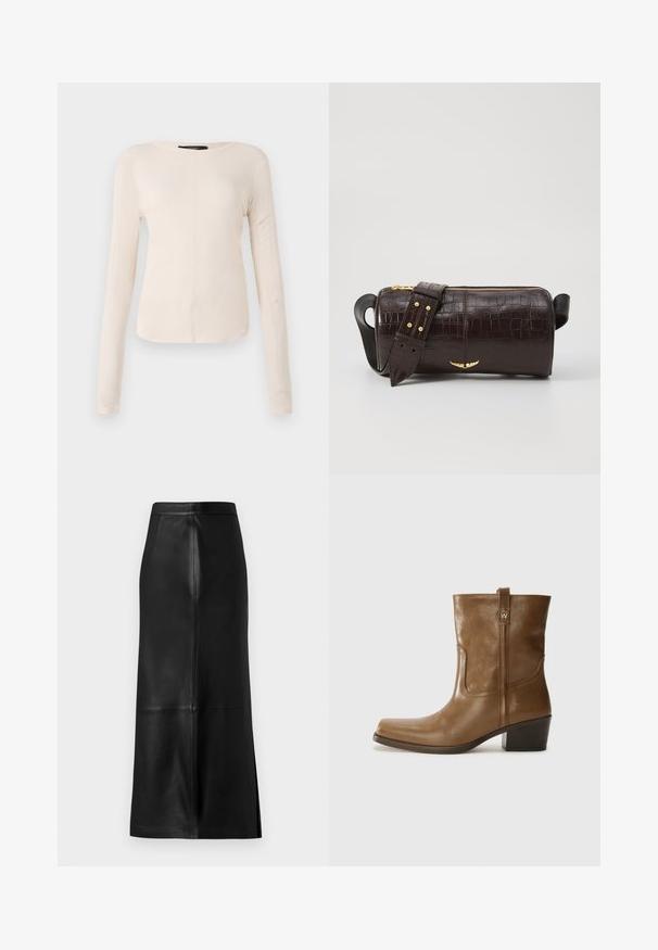Langärmliges, hellbeiges Oberteil mit rundem Ausschnitt. Aus weichem Stoff gefertigt, verfügt es über eine zentrale Naht und einen leicht geschwungenen Saum. Keine sichtbaren Beschläge.; Schwarzer Lederrock mit gerader Silhouette, ausgestattet mit einer Rückenschlitz, glatter Textur und sichtbaren Nahtdetails.; Braune Leder-Ankle-Boots mit quadratischer Zehenform, strukturiertem Finish und niedrigem, gestapeltem Absatz. Ausgestattet mit einer Zuglasche auf der Rückseite und dezenten Stickdetails.; Braune, krokodilgeprägte Lederhandtasche mit zylindrischer Form, goldfarbener Hardware und einem abnehmbaren Tragegurt mit Nieten.