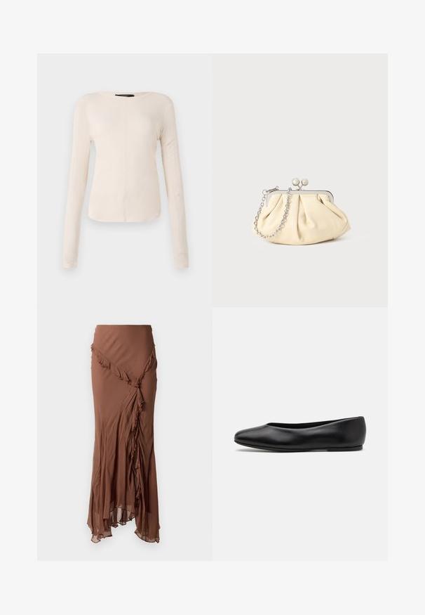Maglietta a maniche lunghe di colore beige chiaro con scollatura rotonda. Realizzata in tessuto morbido, presenta una cucitura centrale e un orlo leggermente curvato. Senza hardware visibile.; Gonna lunga marrone realizzata in tessuto leggero. Presenta un design a ruches lungo l'orlo asimmetrico e una silhouette fluida.; Paul Smith TOPANGA - Ballerine - black; Clutch in pelle beige plissettata con una struttura in metallo argento, dotata di due chiusure decorative rotonde e una tracolla in catena argentata.