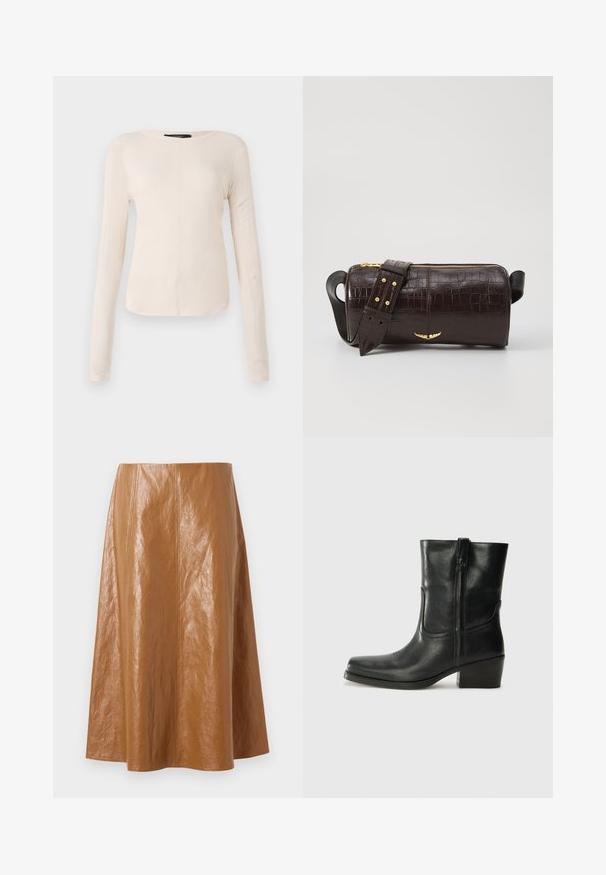 Camisola de mangas longas, bege claro, com decote redondo. Feita de um tecido macio, apresenta uma costura central e uma bainha ligeiramente curva. Sem ferragens visíveis.; Saia midi de couro castanho com uma textura suave e brilhante, apresentando costuras verticais e um design evasê, terminando logo abaixo do joelho.; Bota de tornozelo em couro preto com bico arredondado, salto bloco, fecho lateral e detalhes em costura na parte frontal. Textura suave, design clássico.; Bolsa de couro com textura de crocodilo na cor marrom, com forma cilíndrica, metalizações em tom dourado e uma alça destacável com tachas.