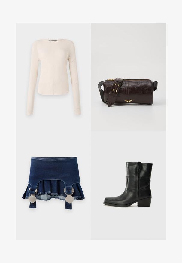 Top cu mânecă lungă, de culoare bej deschis, cu decolteu rotund. Realizat dintr-un material moale, prezintă o cusătură centrală și un tiv ușor curbat. Fără elemente de prindere vizibile.; Fustă din denim cu margine evazată. Prezintă două sistem de prindere ajustabile de culoare gri, culoare albastru închis, și detalii de cusătură contrastante pe linia de jos.; Botine din piele neagră, cu vârf rotund, toc pătrat, fermoar pe lateral și accente de cusături pe partea superioară. Textură netedă, design clasic.; Geantă din piele căptușită cu un model de crocodil de culoare maro, cu o formă cilindrică, accesorii de culoare aurie și un curea detasabilă cu tăieturi.