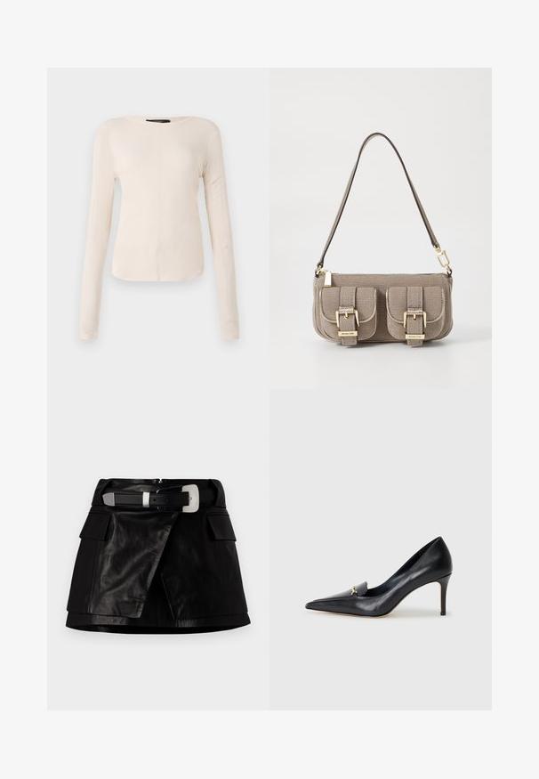 Hosszú ujjú, világos bézs blúz kerek nyakkivágással. Puha anyagból készült, középső varrással és enyhén ívelt szegéllyel rendelkezik. Nincs rajta látható fémrész.; Fekete bőrszoknya öves derékkal, ezüst csattal, elülső zsebekkel és aszimmetrikus szabással. Simább textúra és elegáns dizájn.; Fekete bőr magassarkú cipő hegyes orral, alacsony dekoltázzsal és díszes arany részlettel. Stiletto sarokkal és sima felülettel rendelkezik.; Beige textúrájú kézitáska állítható pánttal, két elülső zsebbel, amelyek csattal záródnak, és arany színű kiegészítőkkel. A tetején cipzáros záródás.
