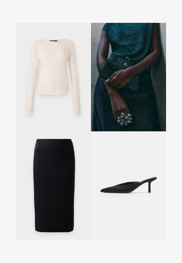 Langsleeve, lichtbeige top met een ronde halslijn. Gemaakt van zachte stof, heeft een centrale naad en een iets gebogen rand. Geen zichtbare hardware.; Zwarte pencilrok van gladde stof, met een slank-fit, knielange ontwerp en een eenvoudige zoom zonder zichtbare patronen of accenten.; Zwarte muiltje met spitse neus en een strak ontwerp, gemaakt van gladde stof, met een slanke hak en open achterkant voor gemakkelijk aan- en uittrekken.; Zwarte clutch met krokodillenpatroon en zilverkleurige hardware, vastgehouden tegen een gestructureerde grijze achtergrond. Heeft een glanzend oppervlak.