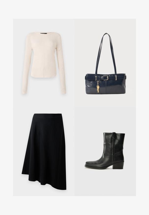 Hosszú ujjú, világos bézs blúz kerek nyakkivágással. Puha anyagból készült, középső varrással és enyhén ívelt szegéllyel rendelkezik. Nincs rajta látható fémrész.; Fekete A-vonalú szoknya sima anyagból, ferde varrással és lágyan fölé hulló dizájnnal, amely könnyedén omlik le a szegésnél.; Fekete bőr bokacsizma lekerekített orral, blokk sarkúval, oldalsó cipzárral és varrásos díszítéssel az elején. Simább textúra, klasszikus dizájn.; Sötétkék bőr kézitáska két hosszú fogantyúval, csattal díszítve és kulcstartóval. Simává polírozott textúrával és téglalap alakú dizájnnal rendelkezik.