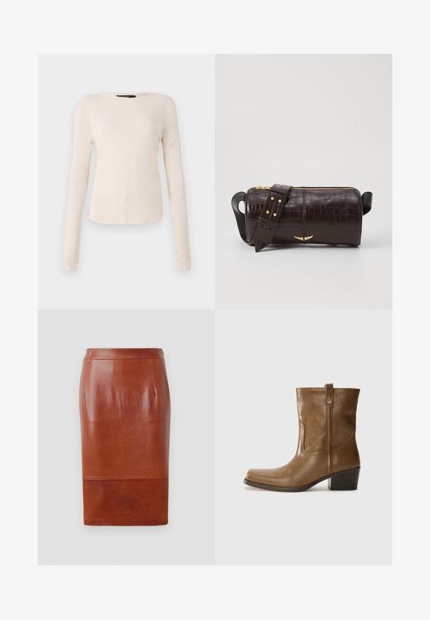 Haut à manches longues, beige clair avec un col rond. Fait dans un tissu doux, il présente une couture centrale et un ourlet légèrement courbé. Pas de métal visible.; Jupe crayon en cuir marron avec une texture lisse, design à mi-genoux et un léger brillant. Présente une taille ajustée et des poches latérales.; Bottine en cuir marron avec un orteil carré, une finition texturée et un petit talon empilé. Présente une languette à l'arrière et des détails de couture subtils.; Sac en cuir embossé crocodile marron avec une forme cylindrique, quincaillerie dorée et une bandoulière détachable ornée de clous.