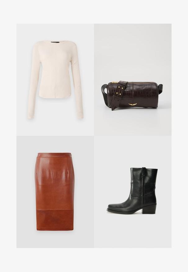 Long-sleeve, light beige top with a round neckline. Made of soft fabric, features a central seam and slightly curved hem. No visible hardware.; Brown leather pencil skirt with a smooth texture, knee-length design, and a subtle sheen. Features a fitted waistband and side pockets.; Black leather ankle boot with a rounded toe, block heel, side zipper, and stitching accents on the vamp. Smooth texture, classic design.; Brown crocodile-embossed leather bag with a cylindrical shape, gold-tone hardware, and a detachable strap featuring studs.