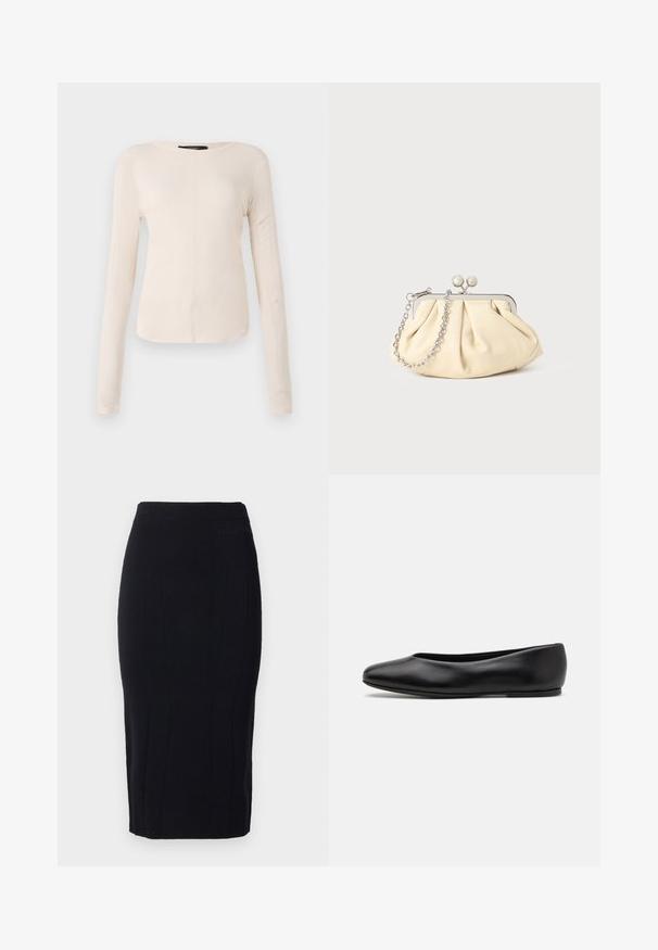Hosszú ujjú, világos bézs blúz kerek nyakkivágással. Puha anyagból készült, középső varrással és enyhén ívelt szegéllyel rendelkezik. Nincs rajta látható fémrész.; Fekete, textúrált anyagból készült ceruzaszoknya, függőleges varrásokkal és testhez álló szabással. Diszkrét logóval a deréknál.; Paul Smith TOPANGA - Balerina cipők - black; Pleátolt bézs bőr válltáska ezüst fém kerettel, két kerek díszcsattal és ezüst lánc pánttal.