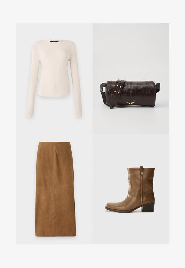 Haut à manches longues, beige clair avec un col rond. Fait dans un tissu doux, il présente une couture centrale et un ourlet légèrement courbé. Pas de métal visible.; Jupe midi en daim marron avec une coupe droite, texture lisse et coutures propres. Ne présente aucun système de fermeture visible ni accents supplémentaires.; Bottine en cuir marron avec un orteil carré, une finition texturée et un petit talon empilé. Présente une languette à l'arrière et des détails de couture subtils.; Sac en cuir embossé crocodile marron avec une forme cylindrique, quincaillerie dorée et une bandoulière détachable ornée de clous.