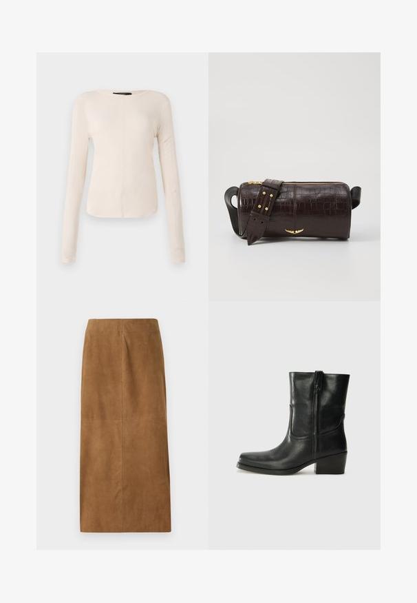 Hosszú ujjú, világos bézs blúz kerek nyakkivágással. Puha anyagból készült, középső varrással és enyhén ívelt szegéllyel rendelkezik. Nincs rajta látható fémrész.; Barna velúr midi szoknya egyenes szabással, sima textúrával és tiszta varrásokkal. Nincsenek látható záródások vagy további díszítések.; Fekete bőr bokacsizma lekerekített orral, blokk sarkúval, oldalsó cipzárral és varrásos díszítéssel az elején. Simább textúra, klasszikus dizájn.; Barna krokodilbőr hatású bőr táska henger alakú, arany tónusú fémveretekkel és lecsatolható, szegecsekkel díszített pánttal.