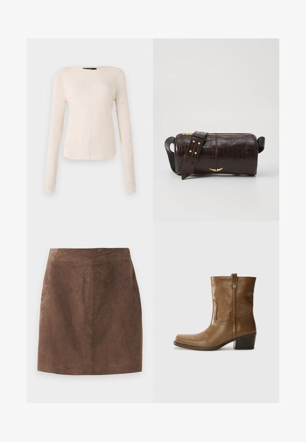 Dlouhý rukáv, světle béžový top s kulatým výstřihem. Vyrobeno z jemné látky, má středový šev a mírně zaoblený lem. Bez viditelné kovové úpravy.; Hnědá sukně z semiše s hladkým texturem, ve tvaru A a s jednoduchým pasem. Šití probíhá vertikálně po zadní straně.; Hnědé kožené kotníkové boty se čtveratou špičkou, texturovaným povrchem a nízkým zvýšeným podpatkem. Mají zadní poutko na obouvání a jemné prošívání.; Hnědá kabelka z krokodýlí kůže s embosováním, cylindrického tvaru, se zlacenými kovovými prvky a odnímatelným popruhem se hroty.