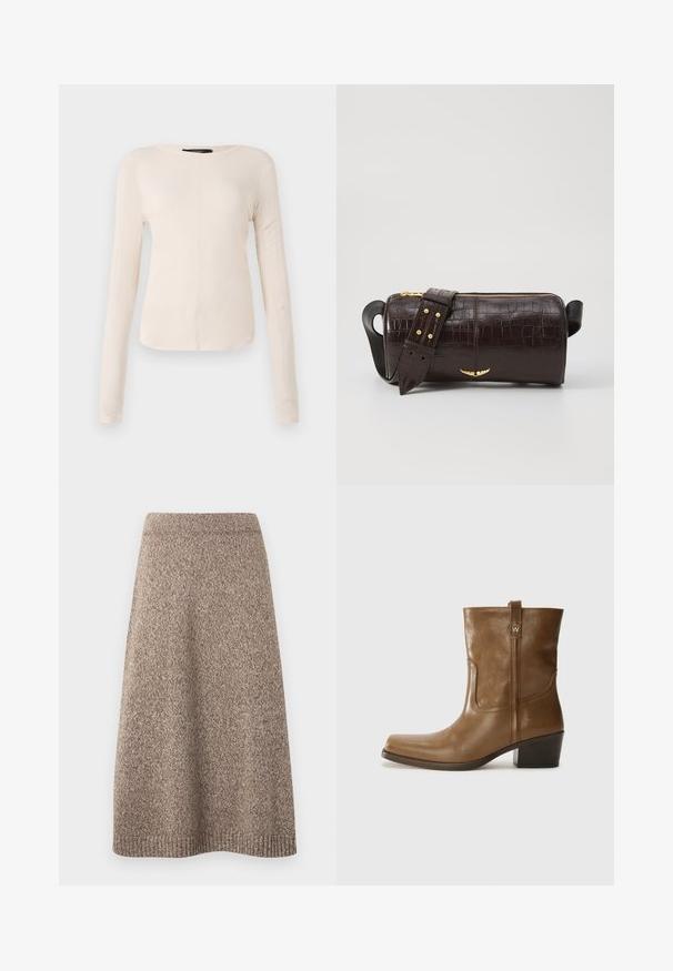 Haut à manches longues, beige clair avec un col rond. Fait dans un tissu doux, il présente une couture centrale et un ourlet légèrement courbé. Pas de métal visible.; Jupe tricotée dans une teinte brune chaude avec un motif texturé, taille ajustée et silhouette évasée, featuring des accents côtelés à l'ourlet.; Bottine en cuir marron avec un orteil carré, une finition texturée et un petit talon empilé. Présente une languette à l'arrière et des détails de couture subtils.; Sac en cuir embossé crocodile marron avec une forme cylindrique, quincaillerie dorée et une bandoulière détachable ornée de clous.