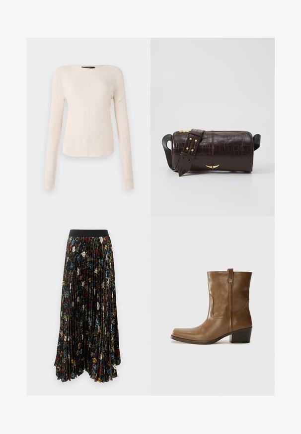 Dolga majica v svetlo bež barvi s okroglim izrezom. Narejena iz mehkega materiala, ima osrednji šiv in rahlo ukrivljen rob. Ni vidnih elementov.; Kratka maksi krila iz črnega blaga, okrašena s cvetličnim vzorcem v rdeči, modri in beli barvi, z enobarvnim črnim elastičnim pasom.; Rjave usnjene gležnjarje s kvadratnim nosom, teksturirano površino in nizko kvadratno peto. Imajo zadnji trak za enostavno obuvanje in subtilne šivane detajle.; Brah blaženka iz rjavega usnja z embosiranim krokodilom, cilindrične oblike, zlatih kovinskih elementov in odstranljivim pasom, ki vsebuje žebljičke.