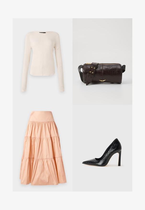 Long-sleeve, light beige top with a round neckline. Made of soft fabric, features a central seam and slightly curved hem. No visible hardware.; Peach-colored, tiered skirt made of lightweight material. Features a wide waistband and soft puckered texture throughout.; Black pointed-toe high heel shoe with a crocodile-skin texture, featuring a sleek design, high stiletto heel, and smooth black interior.; Brown crocodile-embossed leather bag with a cylindrical shape, gold-tone hardware, and a detachable strap featuring studs.