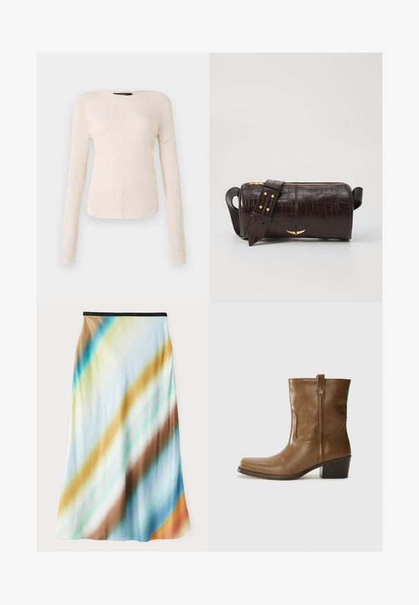 Ilgi piedurkņu, gaiši bēšas krāsas blūze ar apaļu dekoltē. Izgatavota no mīksta auduma, ar centrālo šuvi un nedaudz izliekta apakšmala. Nav redzamu papildus elementu.; Midi svārki iz gaismas, plūstoša auduma. Ar gradienta rakstu, kas sastāv no diagonālām svītrām zilā, brūnā un krēmkrāsā. Melna josta.; Brūnas ādas potītes zābaki ar kvadrātveida degunu, struktūru apdari un zemu sakrautu papēdi. Ir aizmugurējais cilpiņu un smalkas šūšanas detaļas.; Brūna krokodila ādas soma ar cilindrisku formu, zelta toni aparatūru un noņemamu siksnu ar studiem.