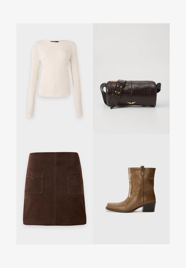 Haut à manches longues, beige clair avec un col rond. Fait dans un tissu doux, il présente une couture centrale et un ourlet légèrement courbé. Pas de métal visible.; Jupe en suède marron présentant une silhouette A-line classique, deux poches avant avec des rabats arrondis et des détails de couture discrets.; Bottine en cuir marron avec un orteil carré, une finition texturée et un petit talon empilé. Présente une languette à l'arrière et des détails de couture subtils.; Sac en cuir embossé crocodile marron avec une forme cylindrique, quincaillerie dorée et une bandoulière détachable ornée de clous.