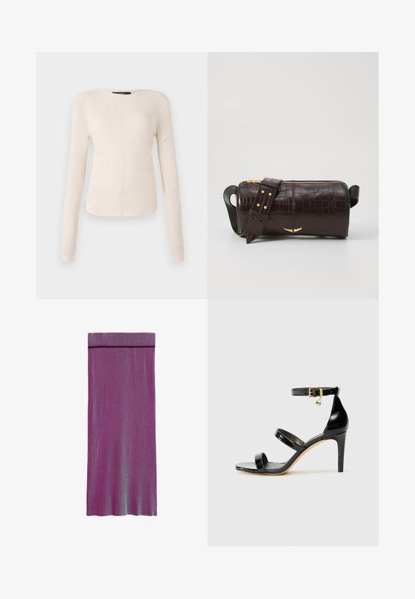 Haut à manches longues, beige clair avec un col rond. Fait dans un tissu doux, il présente une couture centrale et un ourlet légèrement courbé. Pas de métal visible.; Jupe plissée longueur genou dans des nuances variées de violet et de bleu. Possède une taille solide et un motif de rayures verticales sur l'ensemble.; Sandale en cuir verni noir avec trois brides, boucle de cheville et talon aiguille de 10 cm. Présente un détail en métal doré et un charm logo.; Sac en cuir embossé crocodile marron avec une forme cylindrique, quincaillerie dorée et une bandoulière détachable ornée de clous.
