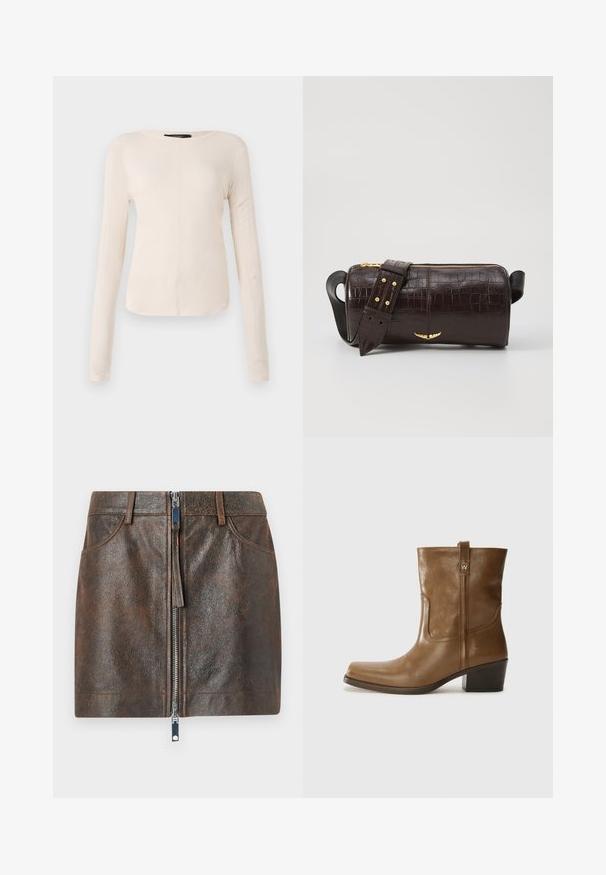 Dlhý rukáv, svetlo béžový top s okrúhlym výstrihom. Vyrobený z mäkkej látky, má stredový šev a mierne zakrivený spodný okraj. Bez viditeľného hardvéru.; Hnedá kožená minisukňa s lešteným predným zipsom, dvoma bočnými vreckami a textúrovaným povrchom. Má priliehavý strih a štandardný pás.; Hnedé kožené členkové topánky so štvorcovou špičkou, textúrovaným povrchom a nízkym vrstveným podpätkom. Obsahujú zadný úchyt a diskrétne prešívanie.; Hnedá taška z kože s embosovaným vzorom krokodíla, cylindrického tvaru, so zlatými hardvérovými doplnkami a odnímateľným popruhom so štítkami.