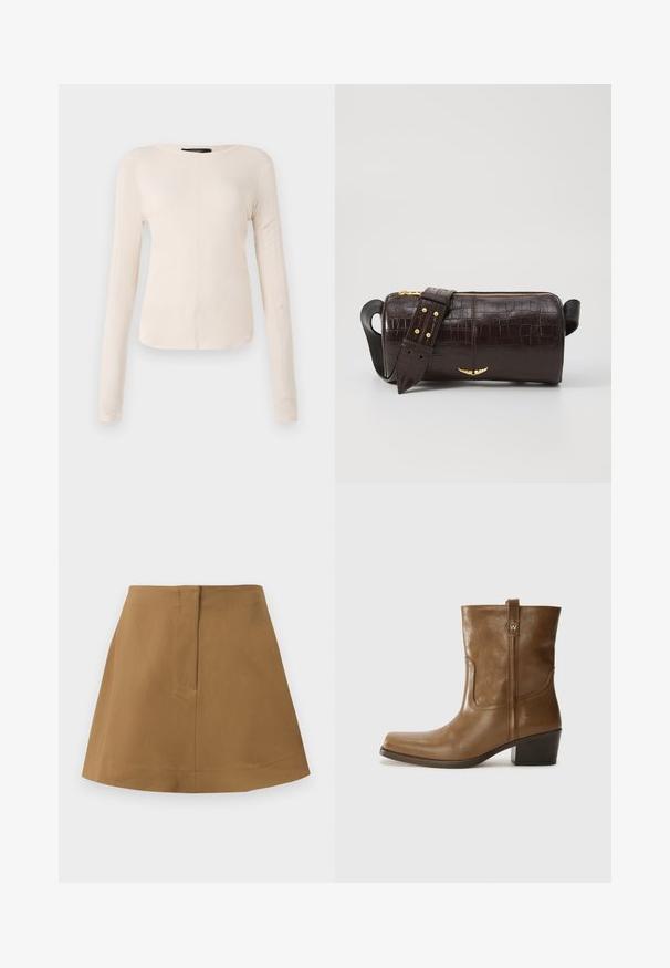 Pikkade varrukatega helesinine topp ümmarguse kaelusega. Valmistatud pehmest kangast, sisaldab keskset õmblust ja kergelt kaardus serva. Ei ole nähtavat riistvara.; Pruun seelik, millel on laienev siluett, valmistatud siledast kangast. Omab lihtsat vöökohanda ja tagumist õmbluse detaili.; Pruun nahkne ankle boot ruudukujulise varbaga, tekstuuriga viimistluse ja madala virnastatud kontsaga. Sisaldab taga tõmbeaasat ja peeneid õmbluse detaile.; Pruunist krokodillimustrist nahast kott, millel on silindri kuju, kuldse tooni metalldetailid ja eemaldatav rihm, kus on nupud.