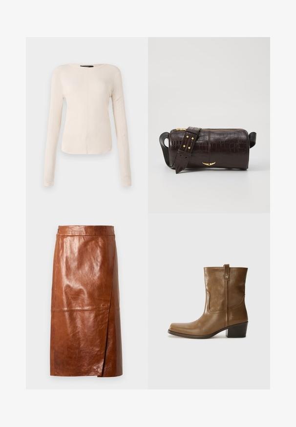 Pikkade varrukatega helesinine topp ümmarguse kaelusega. Valmistatud pehmest kangast, sisaldab keskset õmblust ja kergelt kaardus serva. Ei ole nähtavat riistvara.; Pruun nahkane põlvepikkune seelik, millel on kerge eesmine lõhik ja istuv vöökoht, esitatud üheltoonilise heleda tausta taustal.; Pruun nahkne ankle boot ruudukujulise varbaga, tekstuuriga viimistluse ja madala virnastatud kontsaga. Sisaldab taga tõmbeaasat ja peeneid õmbluse detaile.; Pruunist krokodillimustrist nahast kott, millel on silindri kuju, kuldse tooni metalldetailid ja eemaldatav rihm, kus on nupud.