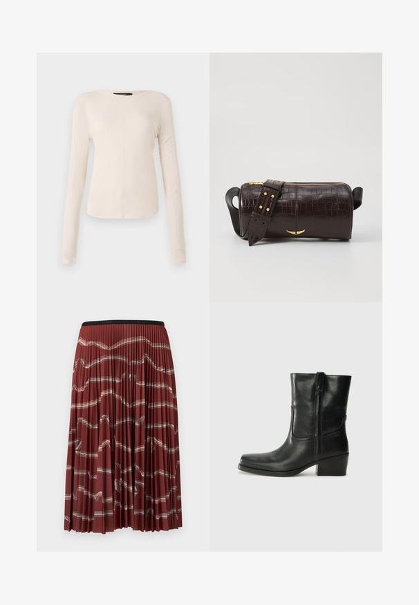 Langsleeve, lichtbeige top met een ronde halslijn. Gemaakt van zachte stof, heeft een centrale naad en een iets gebogen rand. Geen zichtbare hardware.; Plissé midi-rok in diep rood met een geweven patroon. Voorzien van een zwarte elastische tailleband en contrasterende lichtgekleurde strepen door het hele stuk.; Zwarte leren enkellaars met een ronde neus, blokhak, zijrits en stikselaccenten op de wreef. Gladde textuur, klassiek ontwerp.; Bruine krokodil-embosserende leren tas met een cilindervorm, gouden hardware en een afneembare schouderband met studs.