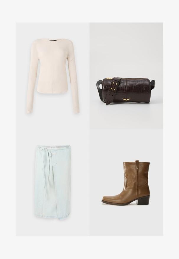 Dlouhý rukáv, světle béžový top s kulatým výstřihem. Vyrobeno z jemné látky, má středový šev a mírně zaoblený lem. Bez viditelné kovové úpravy.; Světle modrá džínsová sukně s vázáním v pase, s předním rozparkem a neupraveným lemem. Vyrobena z měkké džínsoviny pro pohodlí a volnost pohybu.; Hnědé kožené kotníkové boty se čtveratou špičkou, texturovaným povrchem a nízkým zvýšeným podpatkem. Mají zadní poutko na obouvání a jemné prošívání.; Hnědá kabelka z krokodýlí kůže s embosováním, cylindrického tvaru, se zlacenými kovovými prvky a odnímatelným popruhem se hroty.