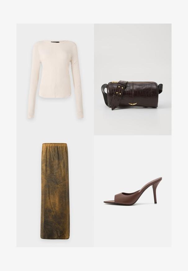 Ilgi piedurkņu, gaiši bēšas krāsas blūze ar apaļu dekoltē. Izgatavota no mīksta auduma, ar centrālo šuvi un nedaudz izliekta apakšmala. Nav redzamu papildus elementu.; Brūna, gara svārki ar gludu tekstūru un smalku marmora rakstu. Elastīga jostasvieta augšā; nav redzamu slēdžu.; Brūni ādas atvērtas pirksta augstpapēžu čības ar elegantu dizainu, kas iezīmējas ar plašu priekšējo siksniņu un slaidu stiletto papēdi.; Brūna krokodila ādas soma ar cilindrisku formu, zelta toni aparatūru un noņemamu siksnu ar studiem.