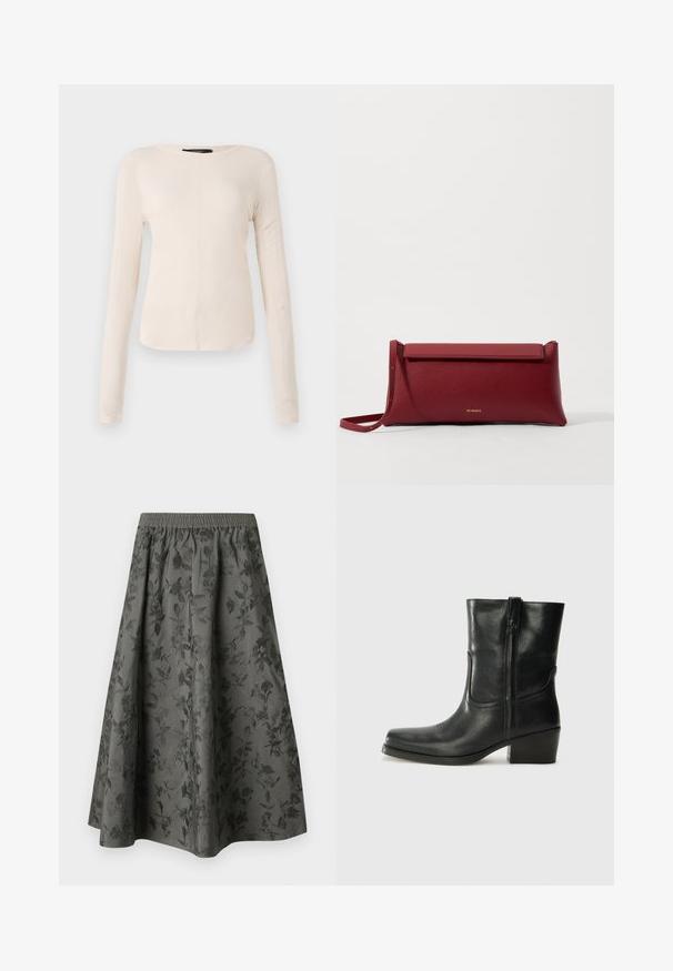 Haut à manches longues, beige clair avec un col rond. Fait dans un tissu doux, il présente une couture centrale et un ourlet légèrement courbé. Pas de métal visible.; Jupe midi gris foncé avec une ceinture élastique, présentant un motif floral en relief sur l'ensemble pour une texture et un intérêt visuel accrus.; Bottine en cuir noir avec un bout rond, un talon carré, une fermeture éclair sur le côté et des coutures décoratives sur l'empeigne. Texture lisse, design classique.; Pochette en cuir rouge à la finition texturée, avec un rabat plat et une courte sangle. Logo de marque discret sur le devant.