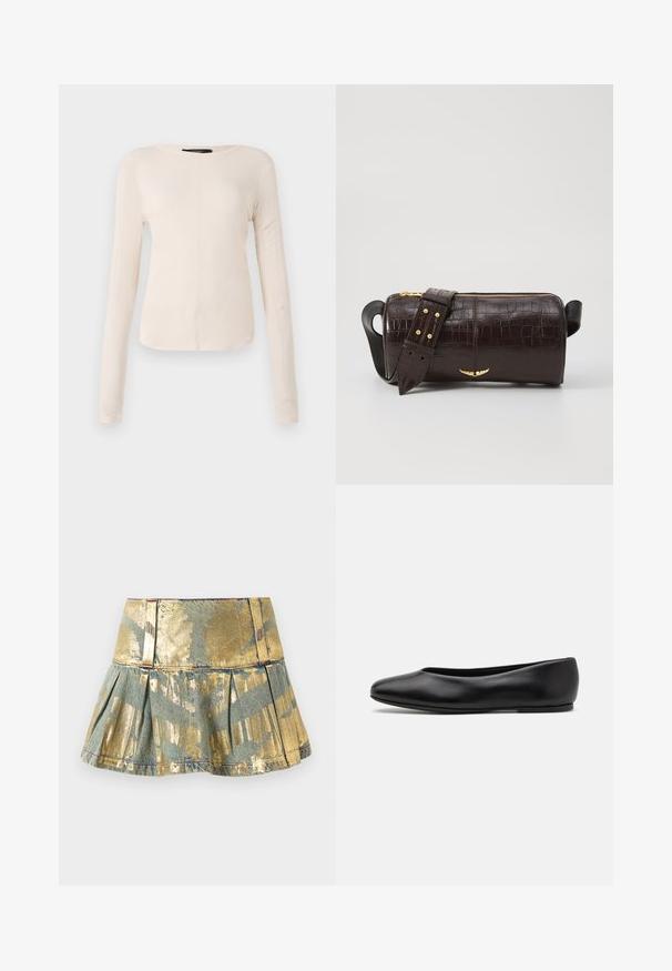 Pitkähihainen, vaaleanbeige paita, jossa on pyöreä kaula-aukko. Valmistettu pehmeästä kankaasta, jossa on keskeinen sauma ja hieman kaareva helma. Ei näkyvää metalliosaa.; Kultasi ja teal-värinen pleittihame, jossa on kiiltävä pinta, ja jonka vyötäröosa on tiukka sekä kontrastiväriset ommelkoristeet.; Paul Smith TOPANGA - Ballerinat - black; Ruskea krokotiilinkuosilla varustettu nahkalaukku, jossa on sylinterimäinen muoto, kultasävyiset yksityiskohdat ja irrotettava hihna, jossa on niittejä.