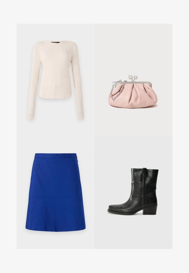 Maglietta a maniche lunghe di colore beige chiaro con scollatura rotonda. Realizzata in tessuto morbido, presenta una cucitura centrale e un orlo leggermente curvato. Senza hardware visibile.; Una gonna blu realizzata in tessuto liscio, con una vita definita e un design semplice e svasato, priva di decorazioni o fantasie.; Stivale ankle in pelle nera con punta arrotondata, tacco a blocco, cerniera laterale e dettagli in cucitura sulla tomaia. Texture liscia, design classico.; Borsa a mano in pelle rosa con design arricciato, telaio in metallo, due chiusure rotonde e tracolla in catena argentata. Texture liscia, forma compatta.
