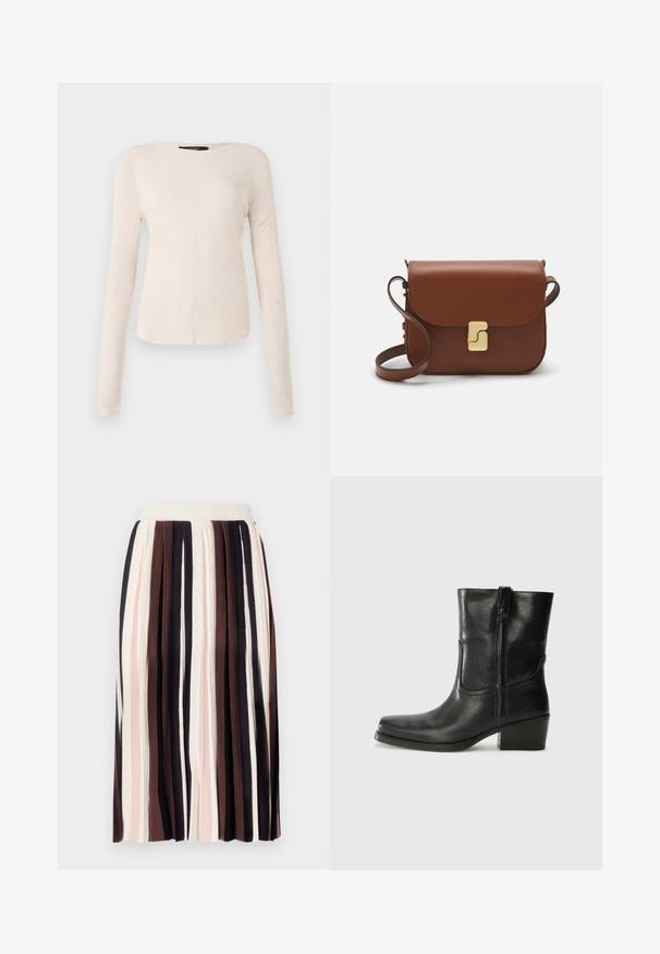 Haut à manches longues, beige clair avec un col rond. Fait dans un tissu doux, il présente une couture centrale et un ourlet légèrement courbé. Pas de métal visible.; Jupe plissée à rayures verticales dans des nuances de marron foncé, rose clair et crème, avec une taille ajustée et un tissu doux et texturé.; Bottine en cuir noir avec un bout rond, un talon carré, une fermeture éclair sur le côté et des coutures décoratives sur l'empeigne. Texture lisse, design classique.; Sac à main en cuir marron avec une fermeture à rabat, des accents en métal doré, une bandoulière et une texture lisse. Forme rectangulaire compacte.