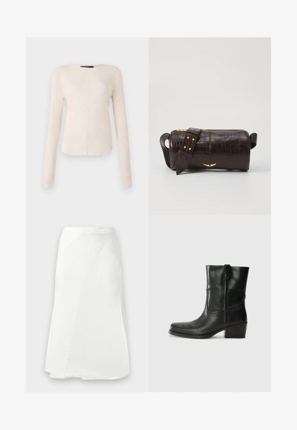 Top cu mânecă lungă, de culoare bej deschis, cu decolteu rotund. Realizat dintr-un material moale, prezintă o cusătură centrală și un tiv ușor curbat. Fără elemente de prindere vizibile.; Fustă albă în linie A, cu detalii subtile de cusătură și o textură netedă, prezentată pe un fundal simplu de gri deschis.; Botine din piele neagră, cu vârf rotund, toc pătrat, fermoar pe lateral și accente de cusături pe partea superioară. Textură netedă, design clasic.; Geantă din piele căptușită cu un model de crocodil de culoare maro, cu o formă cilindrică, accesorii de culoare aurie și un curea detasabilă cu tăieturi.