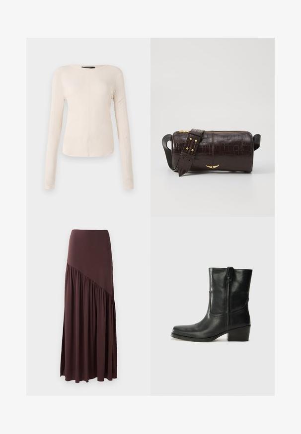 Langärmliges, hellbeiges Oberteil mit rundem Ausschnitt. Aus weichem Stoff gefertigt, verfügt es über eine zentrale Naht und einen leicht geschwungenen Saum. Keine sichtbaren Beschläge.; Brauner Maxirock aus weichem Stoff. Verfügt über einen enganliegenden Taillenbund und ein asymmetrisches Design mit gerafften Details auf einer Seite.; Schwarze Leder-Ankle Boots mit runder Zehenform, Blockabsatz, seitlichem Reißverschluss und gestickten Akzenten auf dem Blatt. Glatte Textur, klassisches Design.; Braune, krokodilgeprägte Lederhandtasche mit zylindrischer Form, goldfarbener Hardware und einem abnehmbaren Tragegurt mit Nieten.