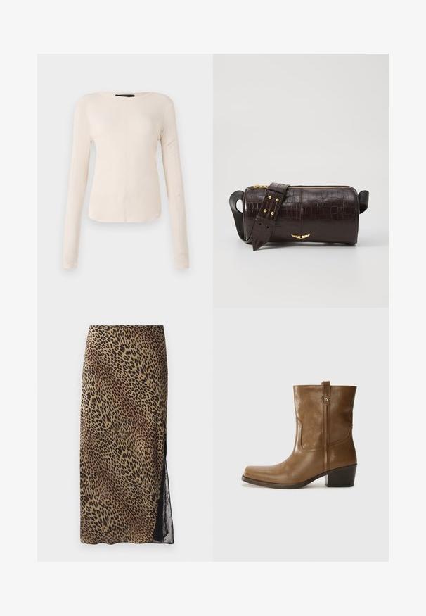 Dlouhý rukáv, světle béžový top s kulatým výstřihem. Vyrobeno z jemné látky, má středový šev a mírně zaoblený lem. Bez viditelné kovové úpravy.; Midi sukně s leopardím vzorem s přiléhavým střihem, průhlednými krajkovými bočními panely a hladkou texturou látky v zemitých tónech.; Hnědé kožené kotníkové boty se čtveratou špičkou, texturovaným povrchem a nízkým zvýšeným podpatkem. Mají zadní poutko na obouvání a jemné prošívání.; Hnědá kabelka z krokodýlí kůže s embosováním, cylindrického tvaru, se zlacenými kovovými prvky a odnímatelným popruhem se hroty.