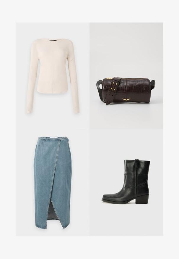 Ilgesnių rankovių, šviesiai bežinis viršus su apvaliu iškirpimu. Pagamintas iš minkštos medžiagos, turi centrinę siūlę ir šiek tiek kreivą apatinių kraštų liniją. Matomų detalių nėra.; Šviesiai mėlyna džinsinė sijonas su apvyniotu dizainu, matomomis siūlėmis, priekinės skelties ir prigludusia juosmeniu.; Juodi odiniai aulinukai iki kulkšnies su apvali nosimi, blokuotais kulnais, šonine užtrauktuku ir siuvimo akcentais ant viršutinės dalies. Lygi tekstūra, klasikinis dizainas.; Ruda krokodilo odspaudo odinė rankinė cilindro formos, su auksinėmis detalėmis ir nuimamu dirželiu, papuoštu studelėmis.