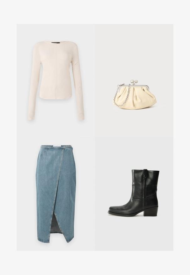 Pikkade varrukatega helesinine topp ümmarguse kaelusega. Valmistatud pehmest kangast, sisaldab keskset õmblust ja kergelt kaardus serva. Ei ole nähtavat riistvara.; Hele sinine teksaseelik, millel on ümberpööratud disain, nähtavad õmblused, eesmine lõhik ja istuv talje.; Musta nahast pahkluu saabas ümarate varvastega, plokknäppu, külgsepa ja pealsetel õmblusest aktsentidega. Sile tekstuur, klassikaline disain.; Kortsus beežist nahast kotike, millel on hõbedane metallraam, kaunistatud kahe ümmarguse dekoratiivse lukuga ja hõbedase ketispideme.