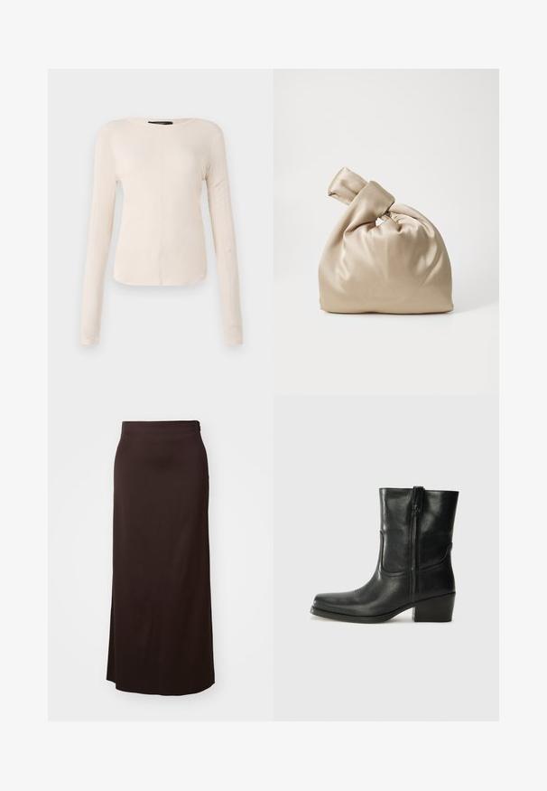 Long-sleeve, light beige top with a round neckline. Made of soft fabric, features a central seam and slightly curved hem. No visible hardware.; Long black skirt made of smooth fabric. Features a straight design with a side slit for ease of movement, and a subtle waistband detail.; Black leather ankle boot with a rounded toe, block heel, side zipper, and stitching accents on the vamp. Smooth texture, classic design.; Beige satin bag with knotted top, featuring a soft, smooth texture and a rounded shape, designed to be simple and elegant.