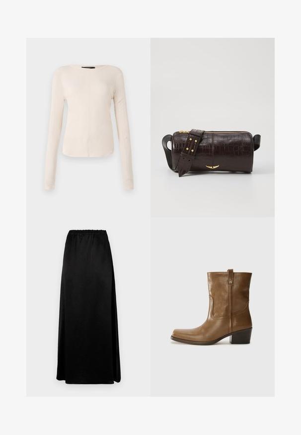 Long-sleeve, light beige top with a round neckline. Made of soft fabric, features a central seam and slightly curved hem. No visible hardware.; Long black skirt with a smooth, crinkled texture and an elastic waistband. Features a side slit for ease of movement and a sleek silhouette.; Brown leather ankle boot with a square toe, textured finish, and a low stacked heel. Features a rear pull tab and subtle stitching details.; Brown crocodile-embossed leather bag with a cylindrical shape, gold-tone hardware, and a detachable strap featuring studs.