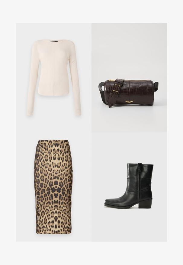 Hosszú ujjú, világos bézs blúz kerek nyakkivágással. Puha anyagból készült, középső varrással és enyhén ívelt szegéllyel rendelkezik. Nincs rajta látható fémrész.; Leopárdmintás ceruza szoknya, amely illeszkedő fazonnal, közepes derékkal és sima textúrával rendelkezik. A minta változatos barna és fekete foltokból áll.; Fekete bőr bokacsizma lekerekített orral, blokk sarkúval, oldalsó cipzárral és varrásos díszítéssel az elején. Simább textúra, klasszikus dizájn.; Barna krokodilbőr hatású bőr táska henger alakú, arany tónusú fémveretekkel és lecsatolható, szegecsekkel díszített pánttal.