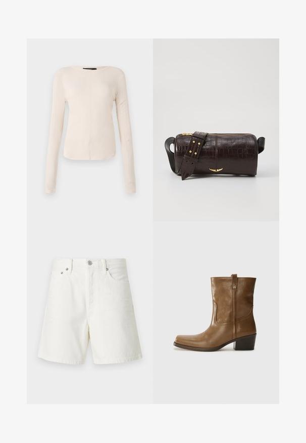 Långärmad, ljusbeige topp med rund halsringning. Tillverkad i mjukt material, har en central söm och något rundad nederkant. Inga synliga detaljer.; Vita denimshorts med rak skärning, femficksdesign, framknäppning, silverfärgad hårdvara och sydda detaljer.; Brun läderankelsk boot med fyrkantig tå, texturerad yta och låg staplad klack. Har en bakre dragflik och subtila sömnadsdetaljer.; Brun kroko präglat läderväska med cylindrisk form, guldfärgad hårdvara och ett avtagbart band med nitar.