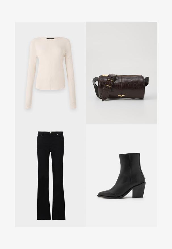 Hosszú ujjú, világos bézs blúz kerek nyakkivágással. Puha anyagból készült, középső varrással és enyhén ívelt szegéllyel rendelkezik. Nincs rajta látható fémrész.; Fekete, bővülő szárú farmernadrág, két elülső zsebből áll, gombos záródással és sima textúrával rendelkezik. A varrásoknál látható a jellegzetes öltés.; Fekete bőr bokacsizma hegyes orral, tömbsarkúval és diszkrét oldalDETAIL-lal. Simma felület minimalista dizájnnal.; Barna krokodilbőr hatású bőr táska henger alakú, arany tónusú fémveretekkel és lecsatolható, szegecsekkel díszített pánttal.