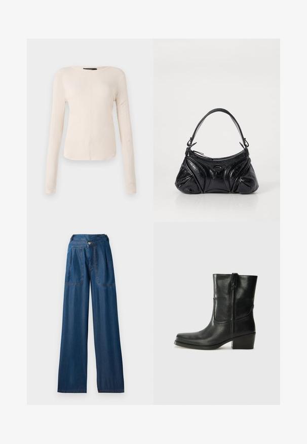 Top de manga larga, color beige claro, con cuello redondo. Fabricado en un tejido suave, presenta una costura central y un dobladillo ligeramente curvado. Sin herrajes visibles.; Pantalones vaqueros de pierna ancha en azul oscuro, hechos de denim, que presentan dos bolsillos frontales, un cierre de botón y detalles de costura en naranja contrastante.; Botín negro de cuero hasta el tobillo con punta redondeada, tacón cuadrado, cremallera lateral y detalles de costura en el empeine. Textura suave, diseño clásico.; Bolso negro de piel texturizada con forma redondeada. Cuenta con una fina correa para el hombro y patrones decorativos en relieve.