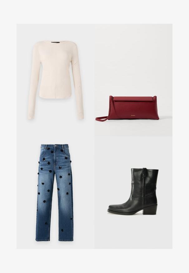 Ilgesnių rankovių, šviesiai bežinis viršus su apvaliu iškirpimu. Pagamintas iš minkštos medžiagos, turi centrinę siūlę ir šiek tiek kreivą apatinių kraštų liniją. Matomų detalių nėra.; Džinsai su tiesia koja, vidutinio mėlynumo skalbimu ir juodais blizgučiais siuvinėti gėlių aplikacijos, išsibarsčiusiais per audinį.; Juodi odiniai aulinukai iki kulkšnies su apvali nosimi, blokuotais kulnais, šonine užtrauktuku ir siuvimo akcentais ant viršutinės dalies. Lygi tekstūra, klasikinis dizainas.; Raudona odinė rankinė su tekstūruotu paviršiumi, turinti plokščią užlenkiamą viršų ir trumpą dirželį. Subtilus prekės ženklo logotipas priekyje.