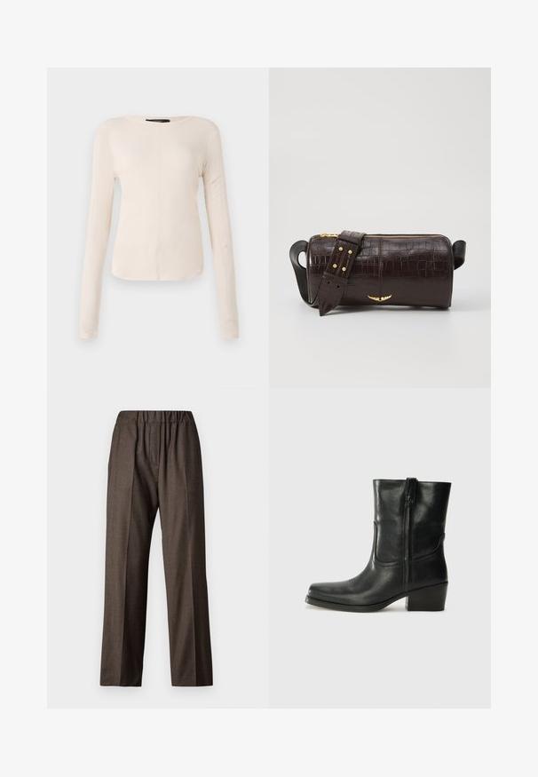 Long-sleeve, light beige top with a round neckline. Made of soft fabric, features a central seam and slightly curved hem. No visible hardware.; Brown, checkered fabric trousers with an elastic waistband, straight-leg design, and side pockets. Textured surface with a subtle pattern.; Black leather ankle boot with a rounded toe, block heel, side zipper, and stitching accents on the vamp. Smooth texture, classic design.; Brown crocodile-embossed leather bag with a cylindrical shape, gold-tone hardware, and a detachable strap featuring studs.
