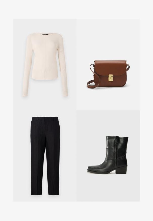 Long-sleeve, light beige top with a round neckline. Made of soft fabric, features a central seam and slightly curved hem. No visible hardware.; Black linen trousers with a straight fit, featuring a zip fly, belt loops, and front and back pockets. Smooth texture and minimal design.; Black leather ankle boot with a rounded toe, block heel, side zipper, and stitching accents on the vamp. Smooth texture, classic design.; Brown leather handbag with a flap closure, gold-tone hardware, a shoulder strap, and a smooth texture. Compact rectangular shape.