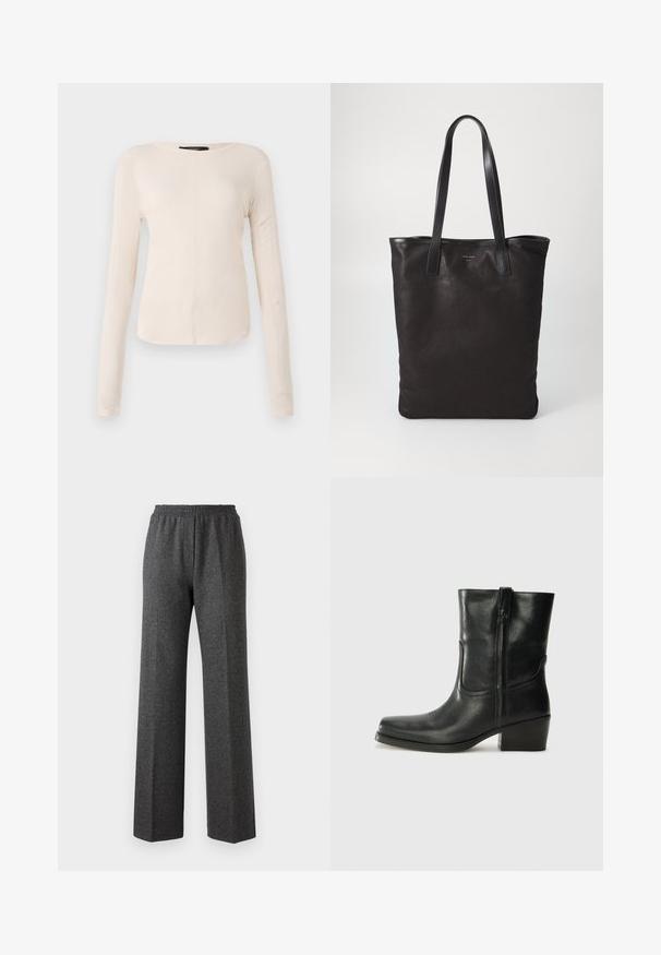 Langærmet, lys beige top med rund halsudskæring. Lavet af blødt stof, har en central søm og let buet kant. Der er ingen synlige metaldele.; Grå tekstureret bukser med brede ben og elastisk talje, der har et subtile hørhårede mønster. Blødt stof med en afslappet pasform.; Sort læder ankelstøvle med rundt tå, blokhæl, lynlås i siden og stikninger på vampsiden. Glat tekstur, klassisk design.; Sort lærred tote taske med sorte læderhåndtag. Simpelt design, rummelig krop og en glat overflade. Ingen synlige logoer eller mønstre.